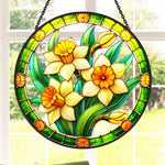 Yellow daffodil flowers stained glass suncatcher window hanging, suitable for home and garden decoration