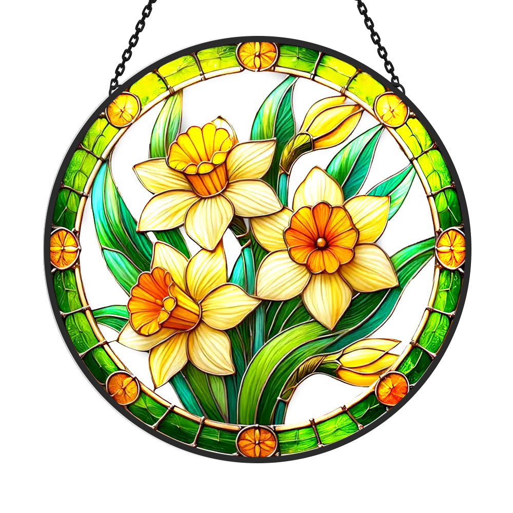 Yellow daffodil flowers stained glass suncatcher window hanging, suitable for home and garden decoration