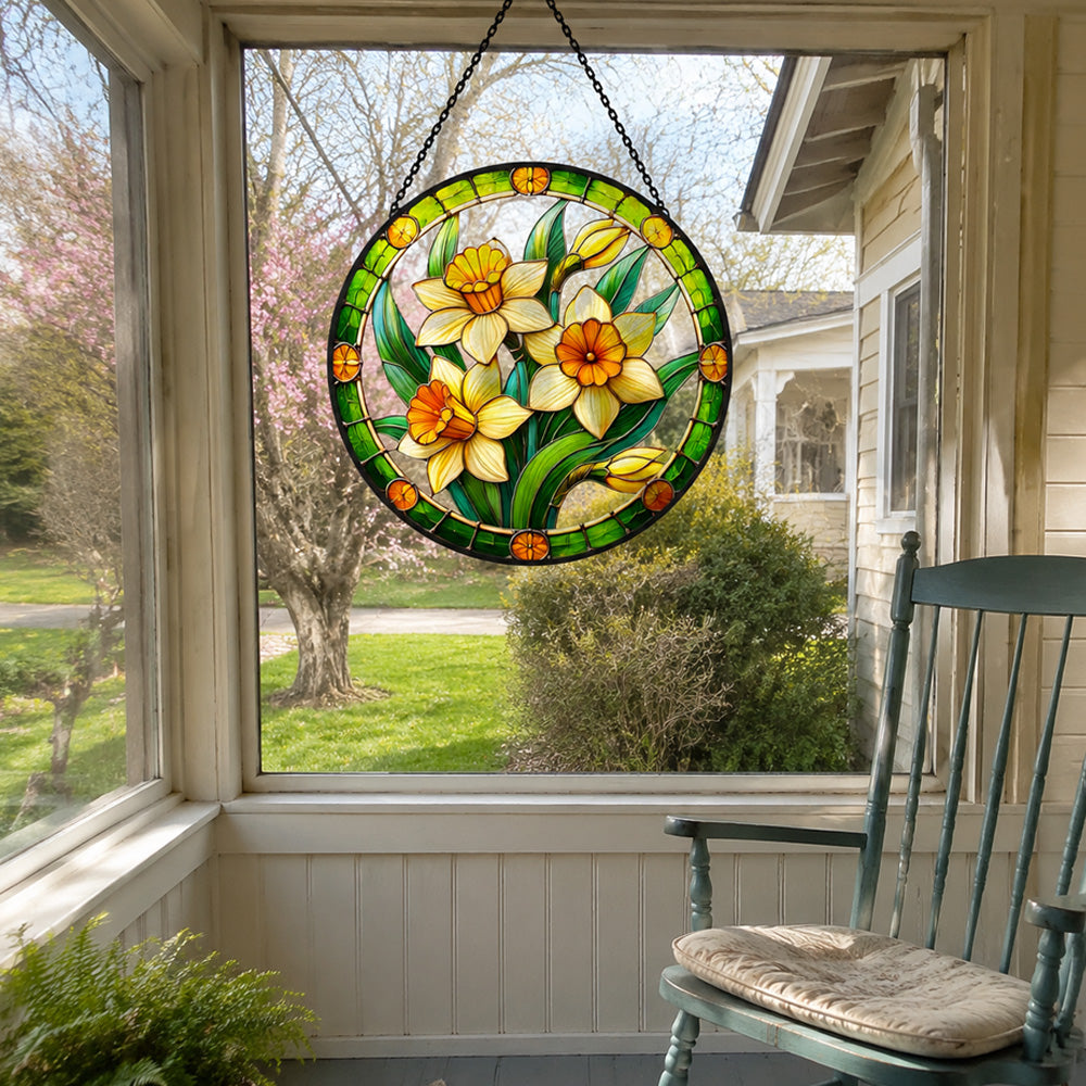 Yellow daffodil flowers stained glass suncatcher window hanging, suitable for home and garden decoration