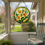 Yellow daffodil flowers stained glass suncatcher window hanging, suitable for home and garden decoration