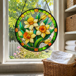 Yellow daffodil flowers stained glass suncatcher window hanging, suitable for home and garden decoration