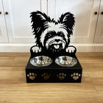 Personalized yorkshire terrier metal dog bowl stand with custom name cutout and two removable feeding bowls