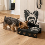 Personalized yorkshire terrier metal dog bowl stand with custom name cutout and two removable feeding bowls