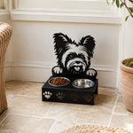 Personalized yorkshire terrier metal dog bowl stand with custom name cutout and two removable feeding bowls