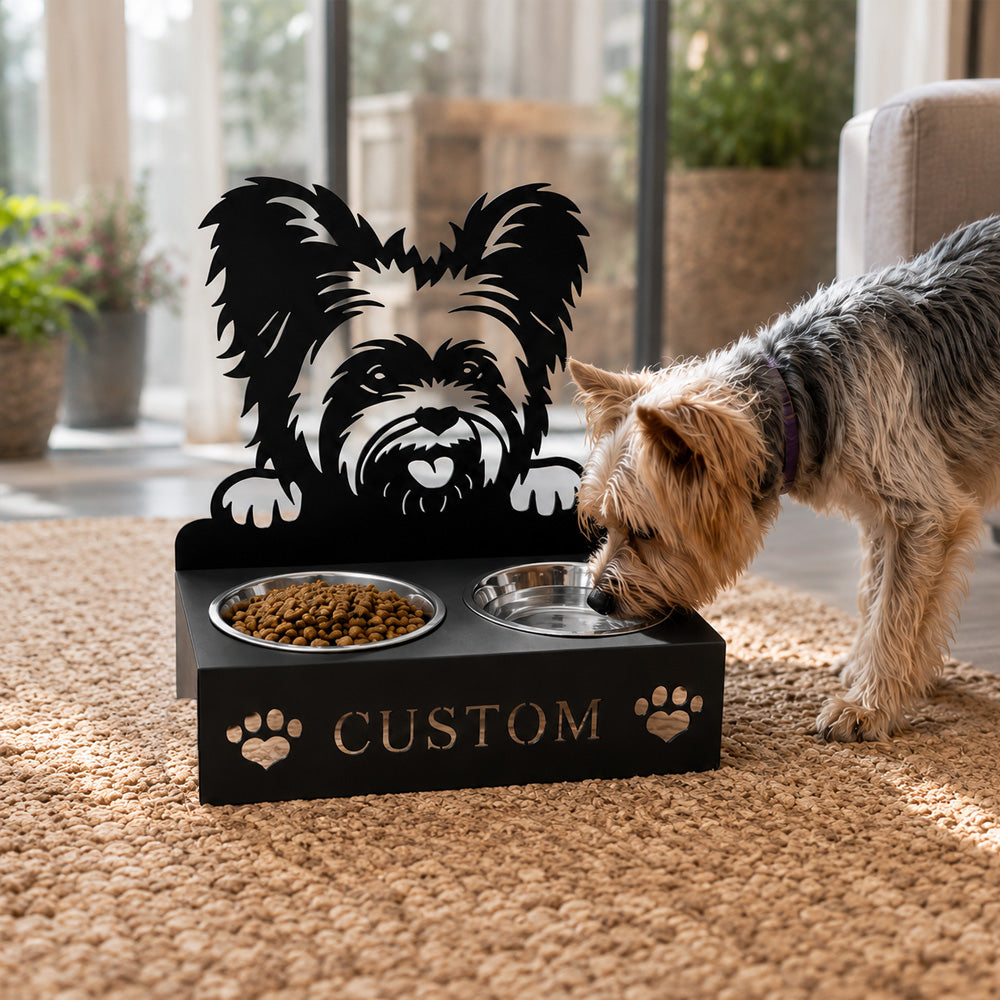 Personalized yorkshire terrier metal dog bowl stand with custom name cutout and two removable feeding bowls
