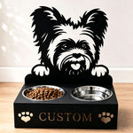 Personalized yorkshire terrier metal dog bowl stand with custom name cutout and two removable feeding bowls