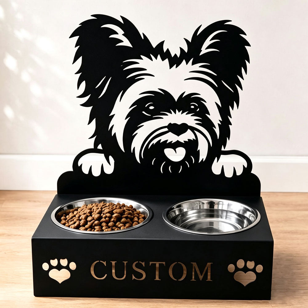 Personalized yorkshire terrier metal dog bowl stand with custom name cutout and two removable feeding bowls
