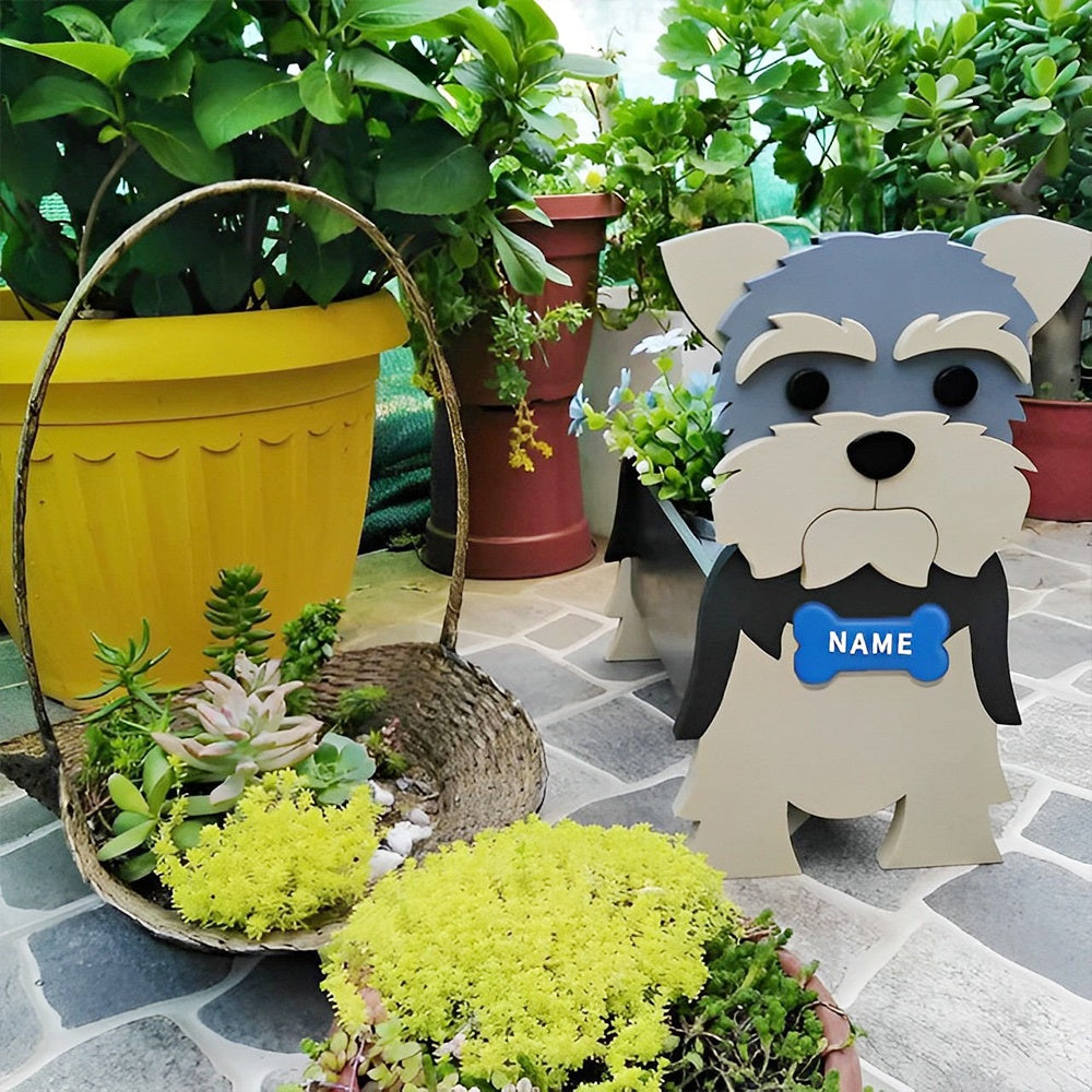 Yorkshire Terrier dog planter filled with fresh flowers is placed in the garden