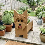 Yorkshire Terrier dog planter filled with fresh flowers is placed in the garden