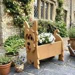 Yorkshire Terrier dog planter filled with fresh flowers is placed in the garden