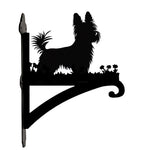 Yorkshire terrier metal hanging basket bracket mounted on outdoor wall for plant decoration