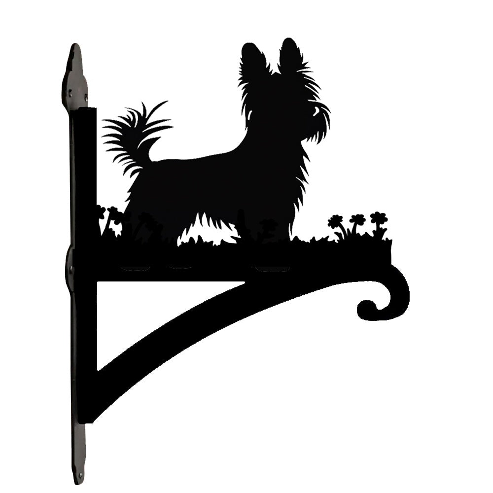 Yorkshire terrier metal hanging basket bracket mounted on outdoor wall for plant decoration