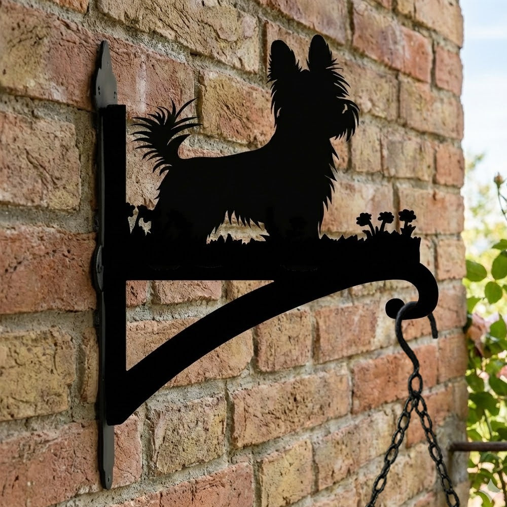 Yorkshire terrier metal hanging basket bracket mounted on outdoor wall for plant decoration