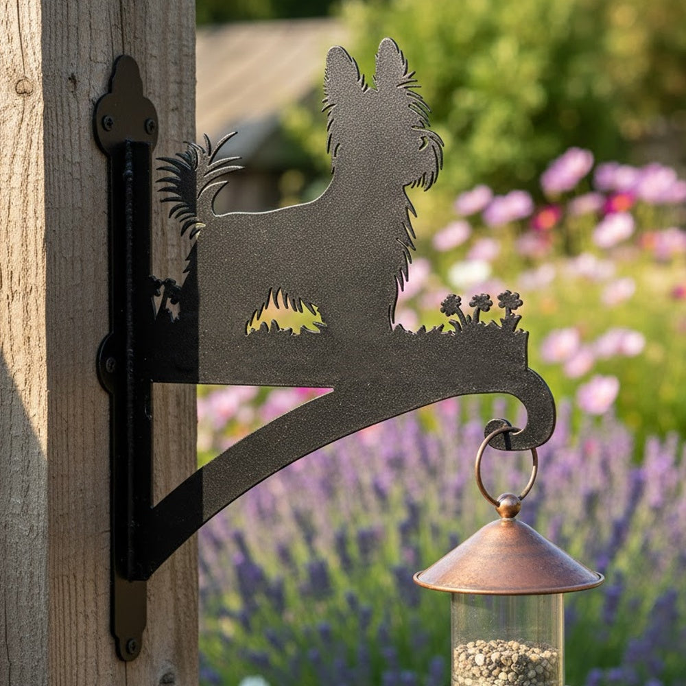 Yorkshire terrier metal hanging basket bracket mounted on outdoor wall for plant decoration