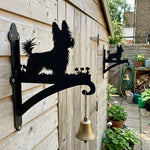 Yorkshire terrier metal hanging basket bracket mounted on outdoor wall for plant decoration