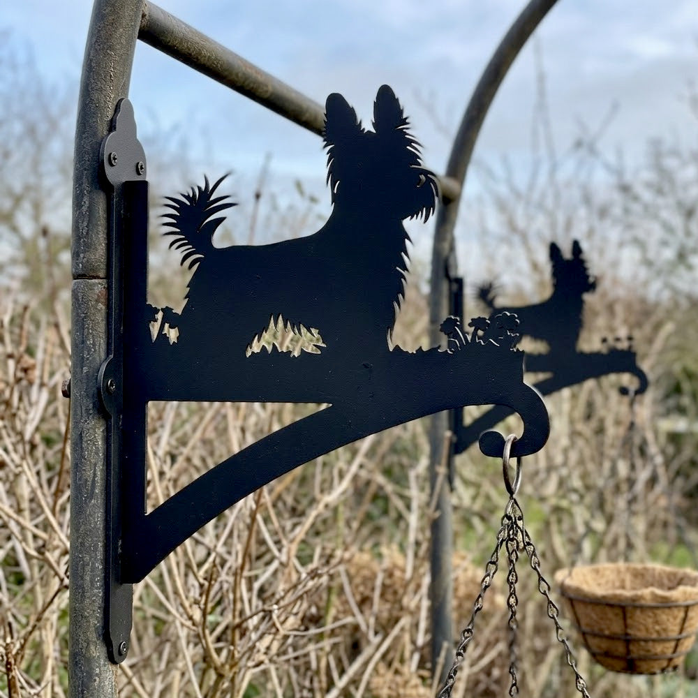 Yorkshire terrier metal hanging basket bracket mounted on outdoor wall for plant decoration