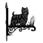 Yorkshire terrier metal hanging basket bracket mounted on outdoor wall for plant decoration