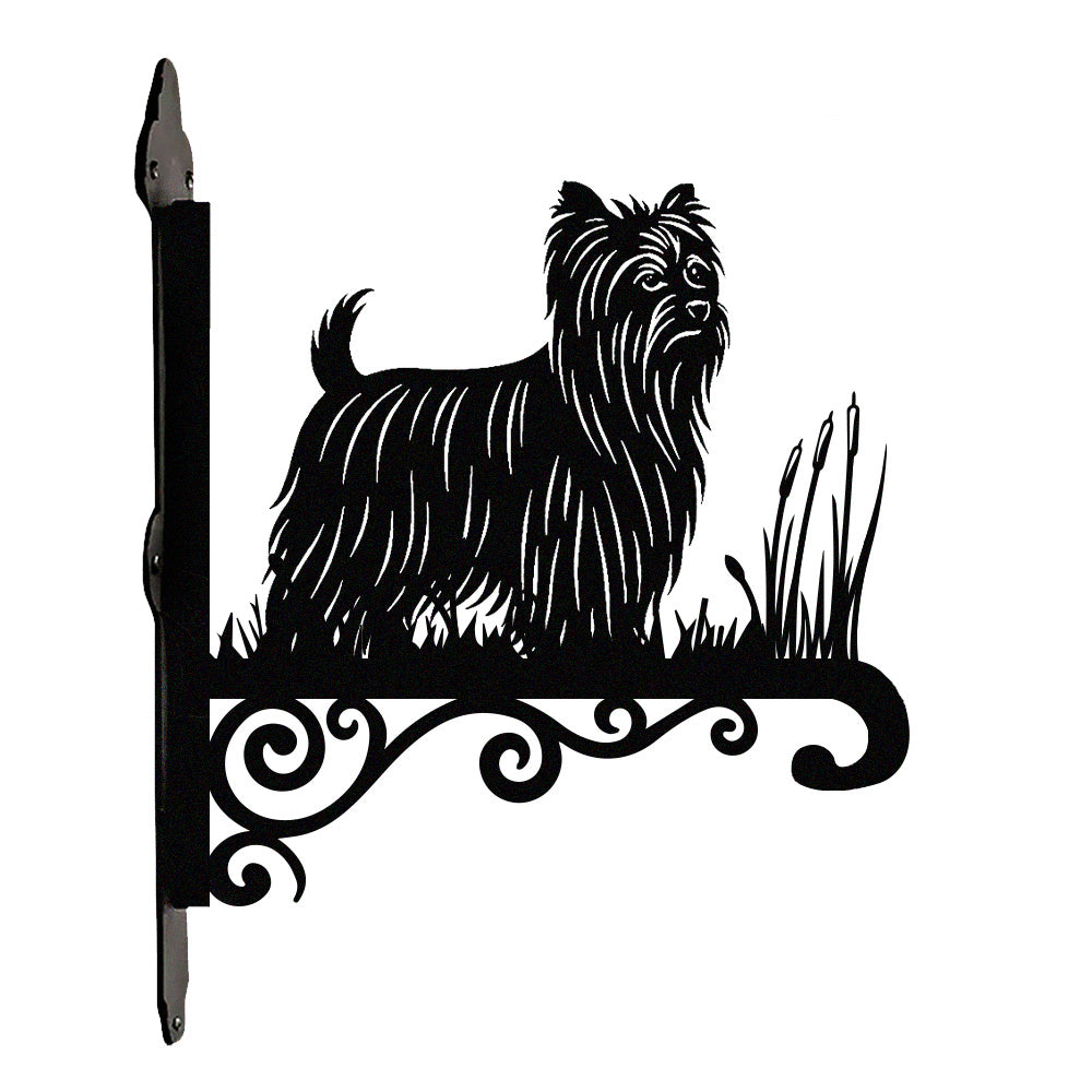 Yorkshire terrier metal hanging basket bracket mounted on outdoor wall for plant decoration