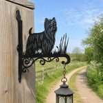 Yorkshire terrier metal hanging basket bracket mounted on outdoor wall for plant decoration
