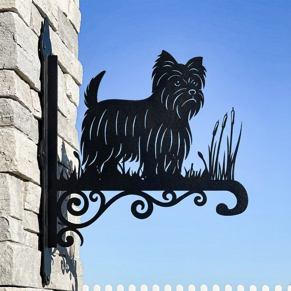 Yorkshire terrier metal hanging basket bracket mounted on outdoor wall for plant decoration