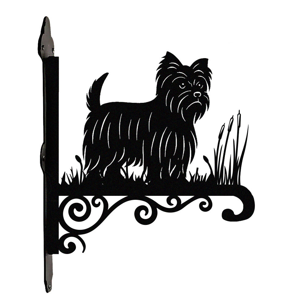 Yorkshire terrier metal hanging basket bracket mounted on outdoor wall for plant decoration