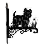 Yorkshire terrier metal hanging basket bracket mounted on outdoor wall for plant decoration