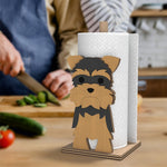 Yorkshire Terrier Wooden Dog Paper Towel Holder displayed on a kitchen countertop with a freestanding paper towel roll