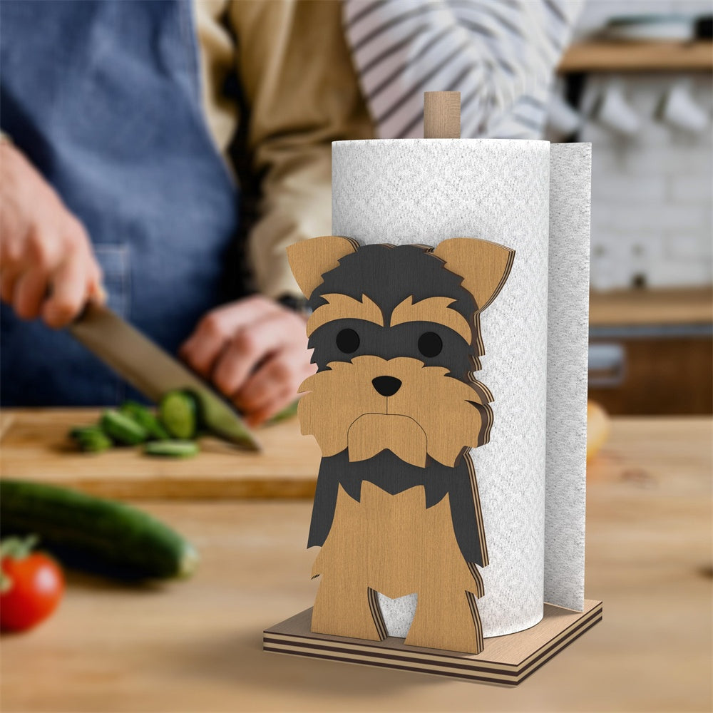 Yorkshire Terrier Wooden Dog Paper Towel Holder displayed on a kitchen countertop with a freestanding paper towel roll