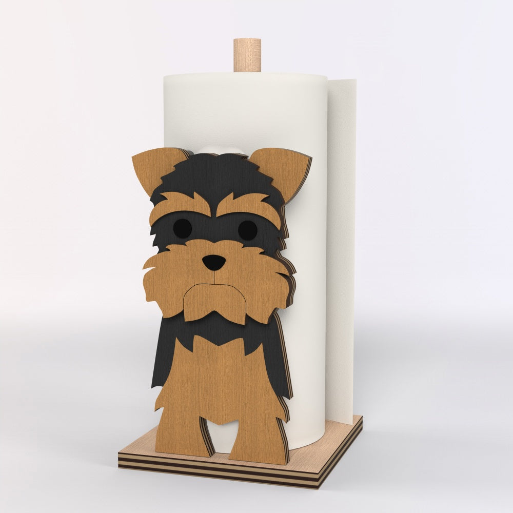 Yorkshire Terrier Wooden Dog Paper Towel Holder displayed on a kitchen countertop with a freestanding paper towel roll