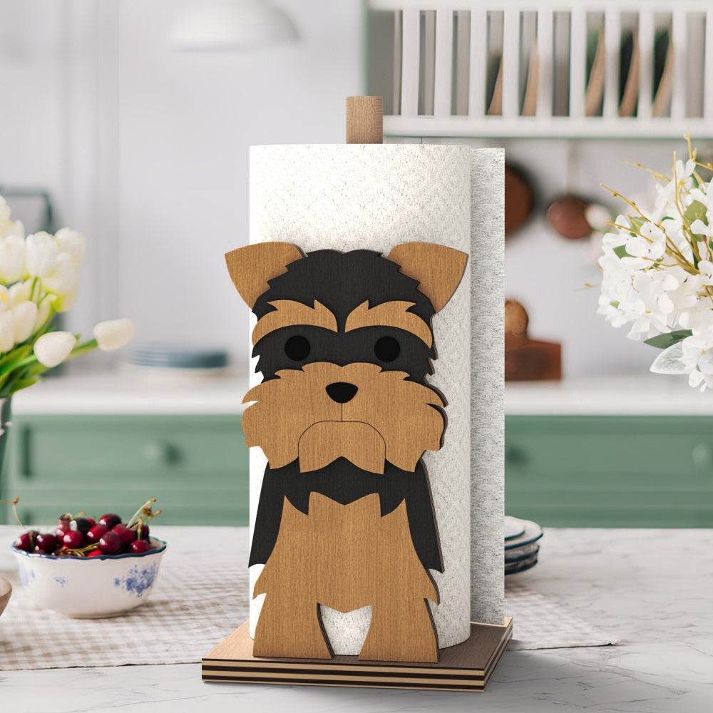 Yorkshire Terrier Wooden Dog Paper Towel Holder displayed on a kitchen countertop with a freestanding paper towel roll