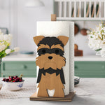 Yorkshire Terrier Wooden Dog Paper Towel Holder displayed on a kitchen countertop with a freestanding paper towel roll