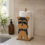Yorkshire Terrier Wooden Dog Paper Towel Holder displayed on a kitchen countertop with a freestanding paper towel roll