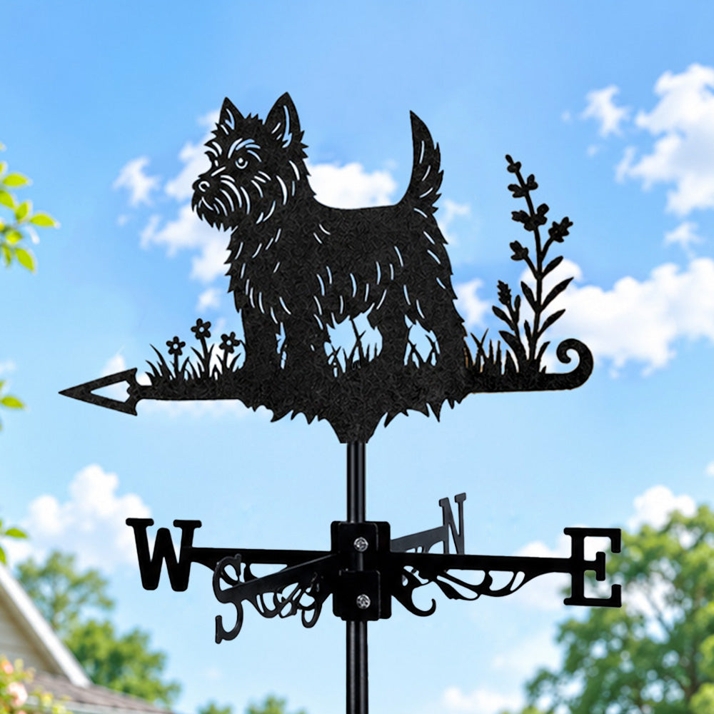 Yorkshire terrier metal weather vane with directional arrows and mounting rod, outdoor roof and garden decoration