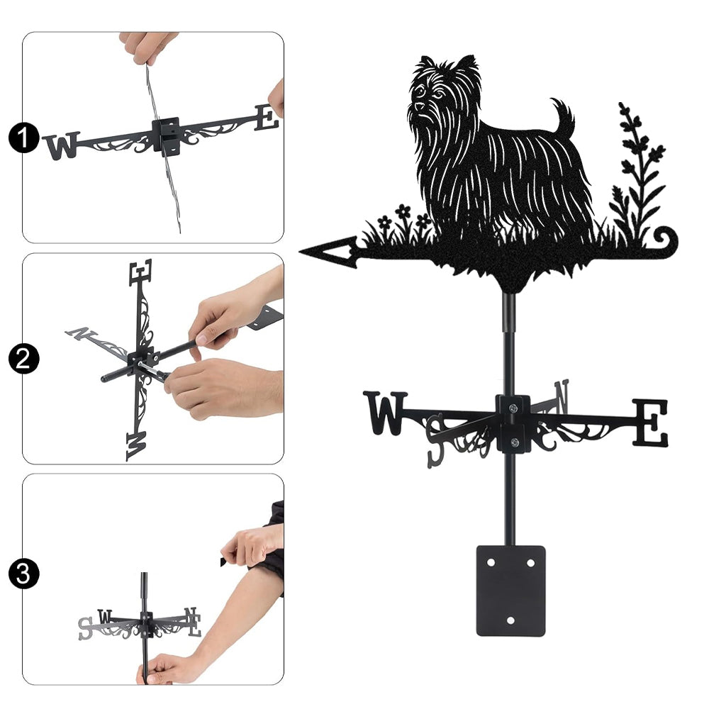 Yorkshire terrier metal weather vane with directional arrows and mounting rod, outdoor roof and garden decoration