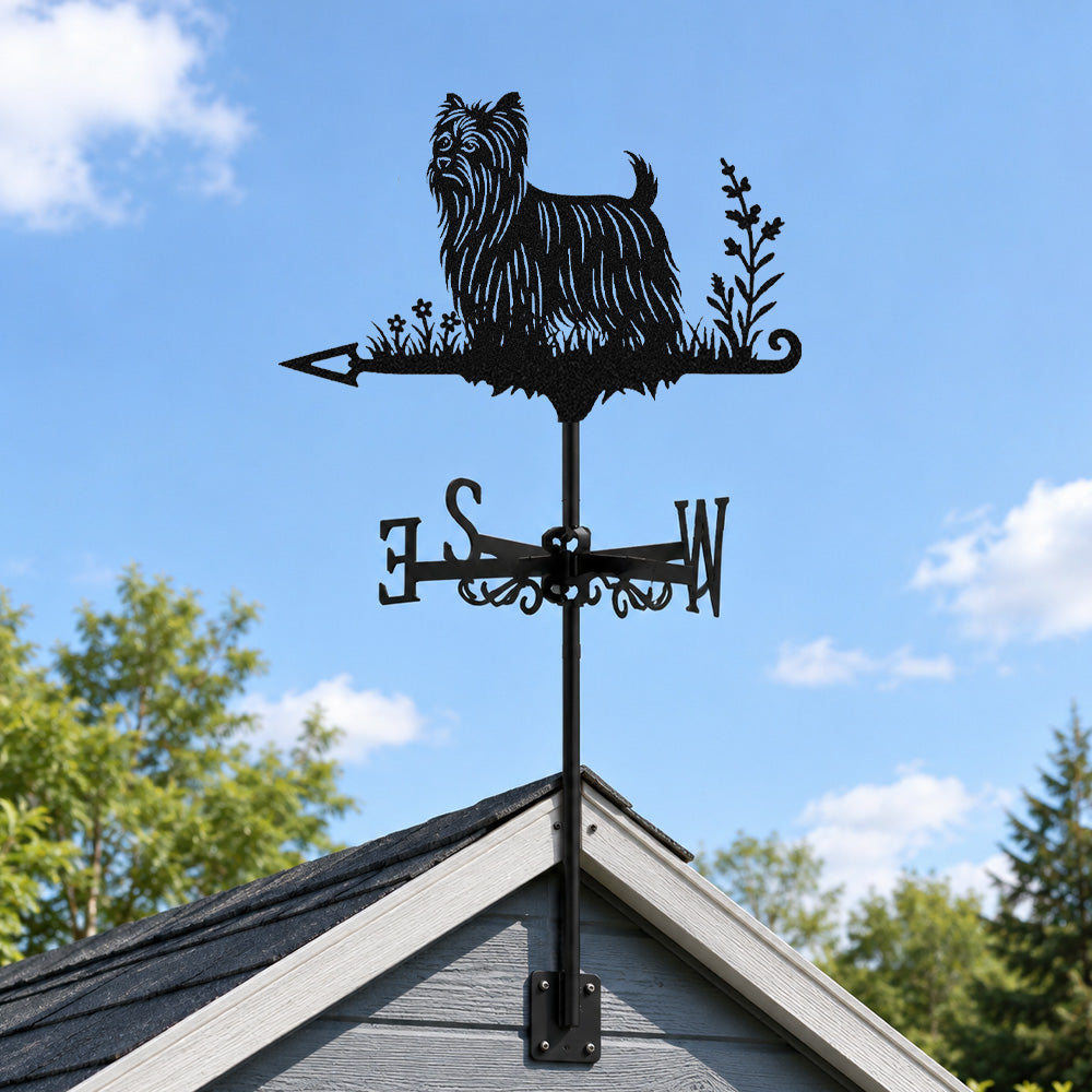 Yorkshire terrier metal weather vane with directional arrows and mounting rod, outdoor roof and garden decoration