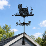 Yorkshire terrier metal weather vane with directional arrows and mounting rod, outdoor roof and garden decoration