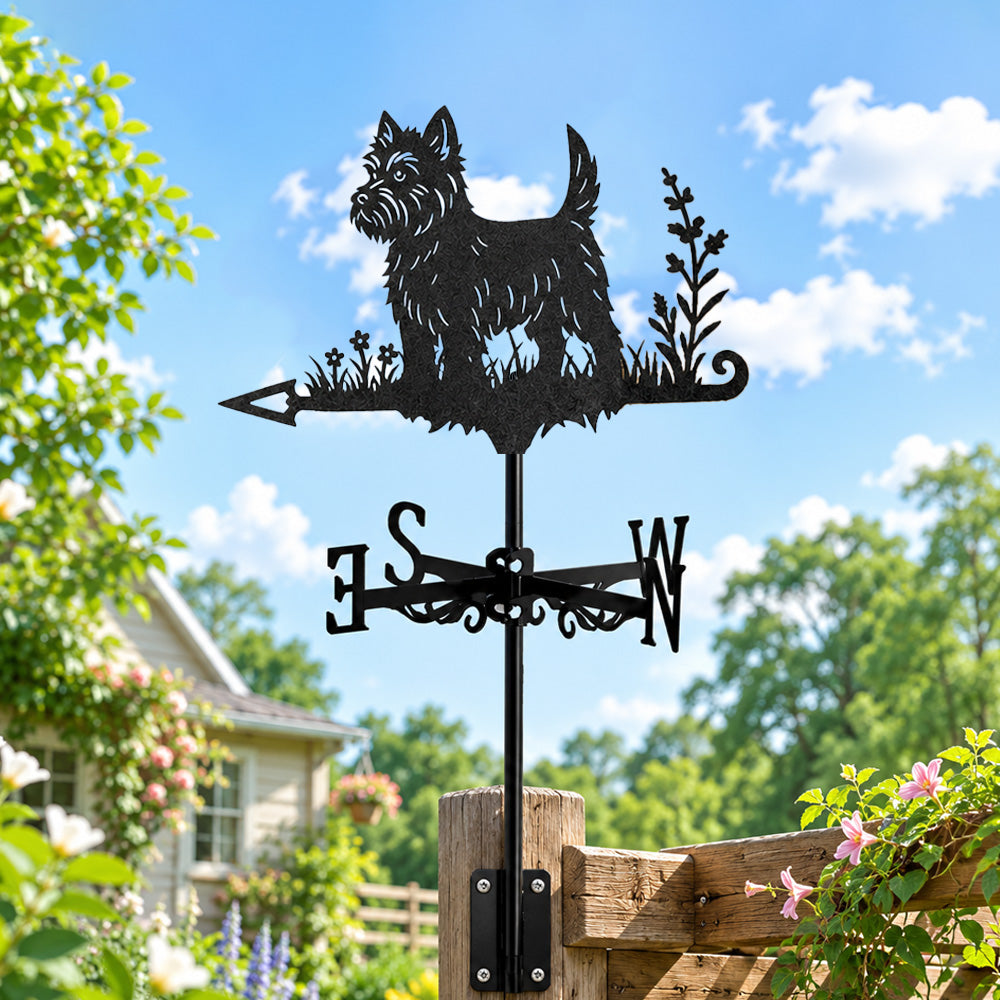Yorkshire terrier metal weather vane with directional arrows and mounting rod, outdoor roof and garden decoration