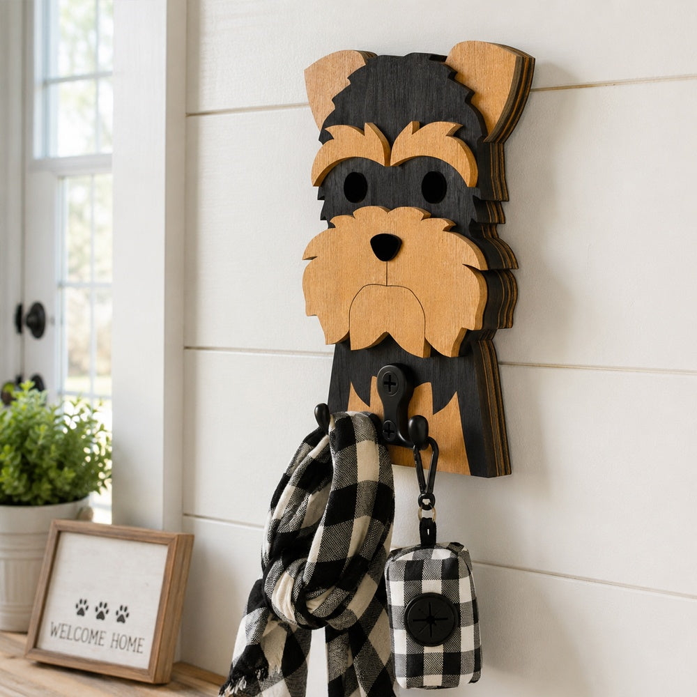 Wooden yorkshire terrier dog wall hook key and leash holder for home entryway organizer
