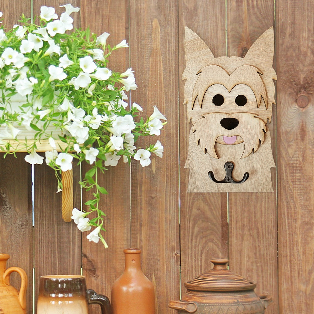 Wooden yorkshire terrier dog wall hook key and leash holder for home entryway organizer