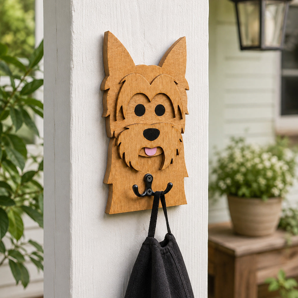 Wooden yorkshire terrier dog wall hook key and leash holder for home entryway organizer