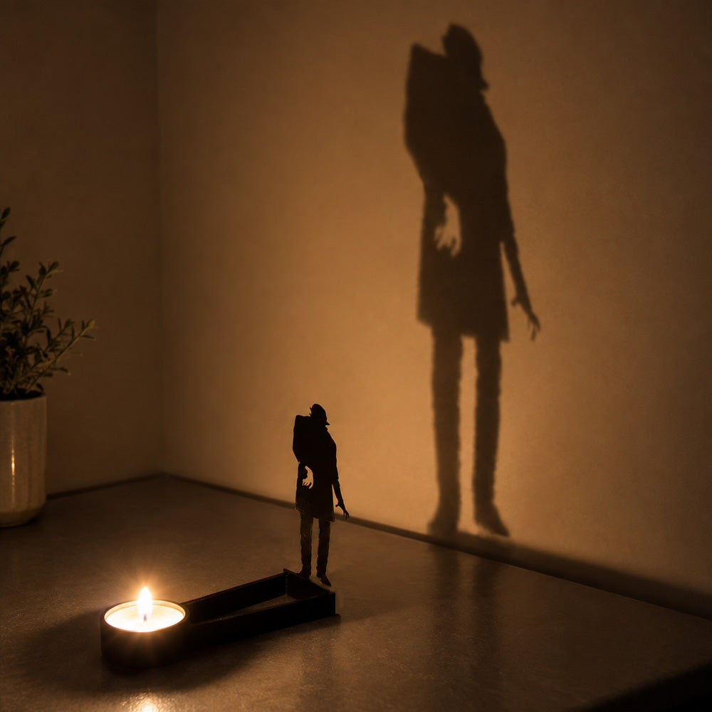 Zombie halloween metal candle holder casting a spooky shadow on the wall